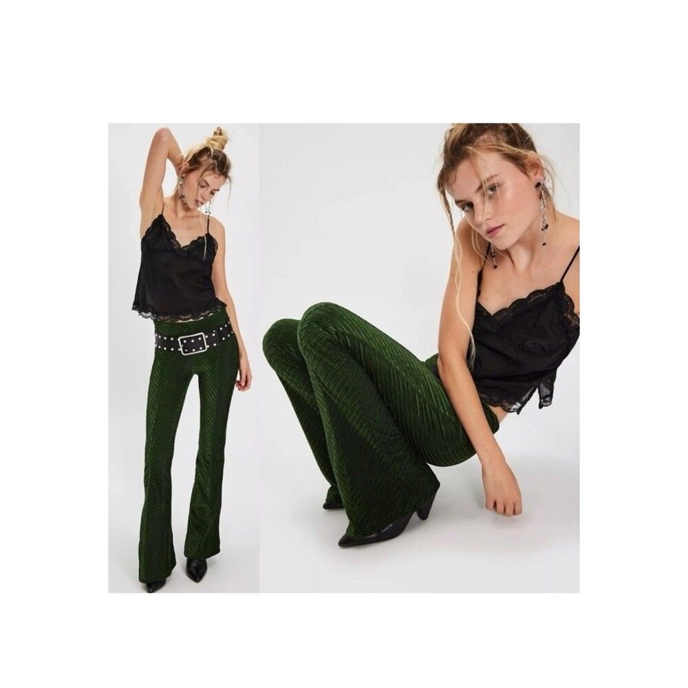Free People Retro 70s Penny Pull-On Velvet Flare Pants Night Forest Green XL NWT